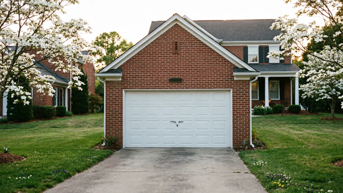 A white garage door on a brick house with a green lawn and flowering trees.
