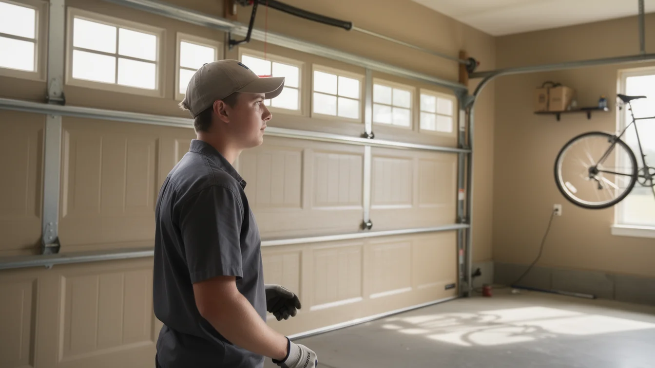 A technician in a gray uniform and cap stands in a garage with a tan door.