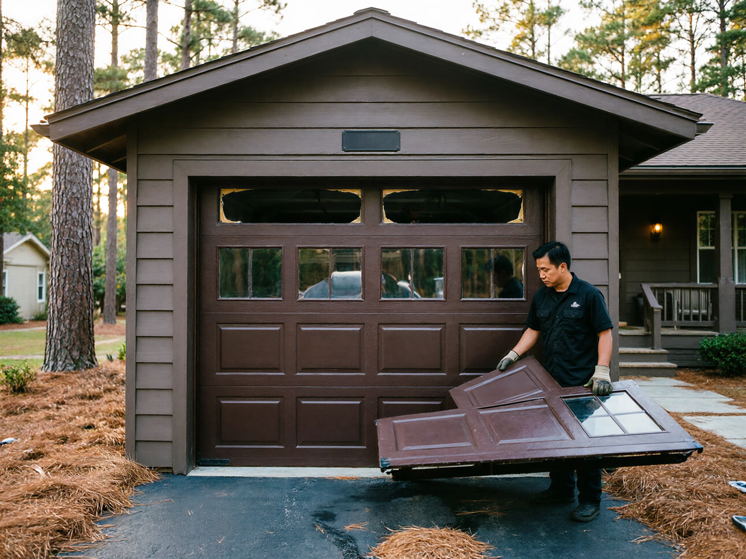 A technician carries a brown garage door panel with windows in front of a garage.