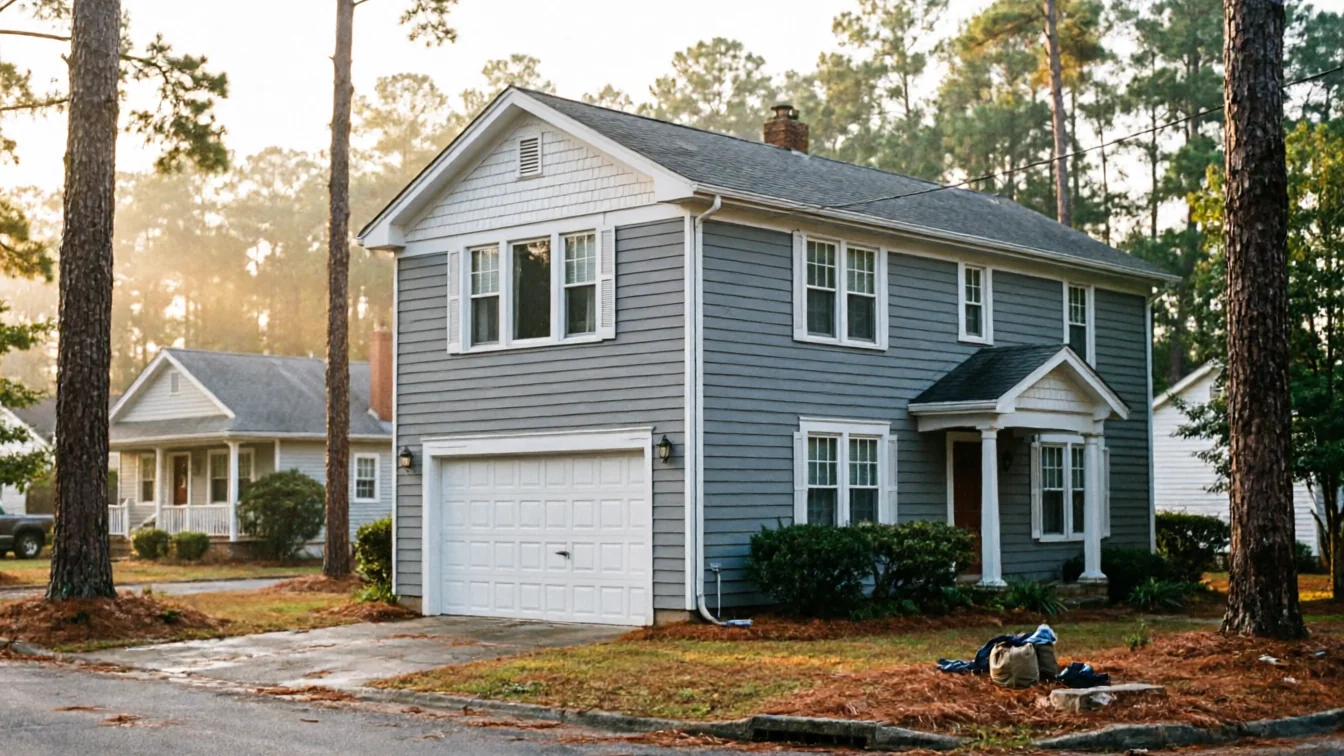 A two-story gray house with a white garage door and white trim.