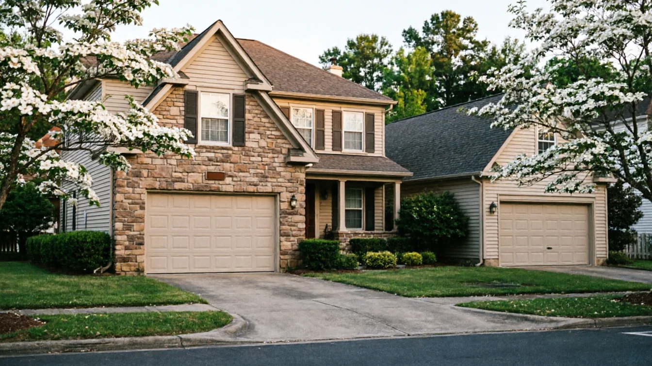 Two houses with beige garage doors and blooming trees in front.