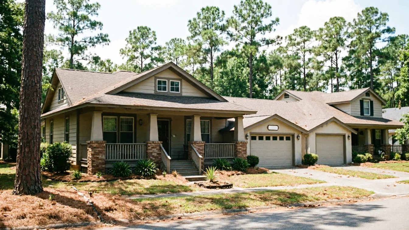 A two-car garage door is visible on a tan house with a porch.