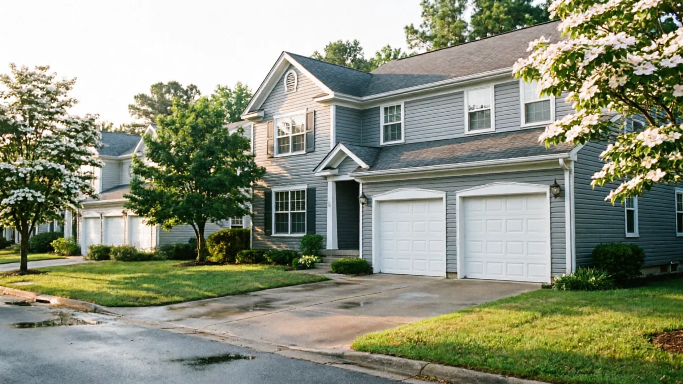 A gray house with two white garage doors and a blooming tree in the foreground.